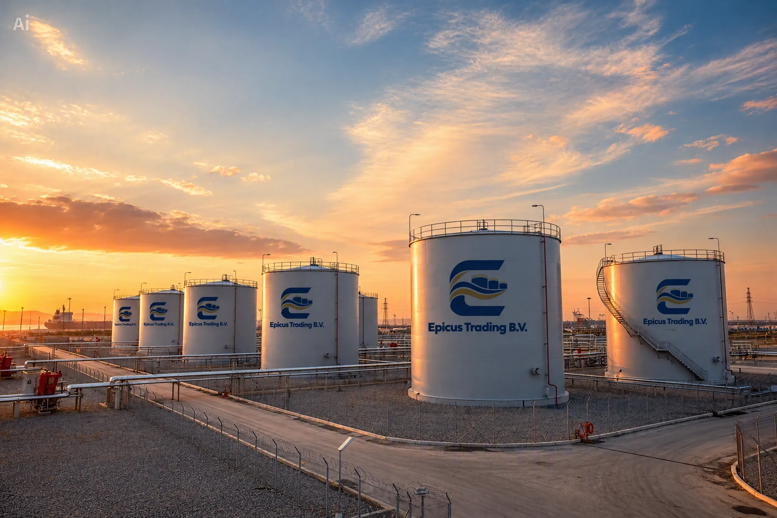 Epicus Trading B.V. tank farm at sunset